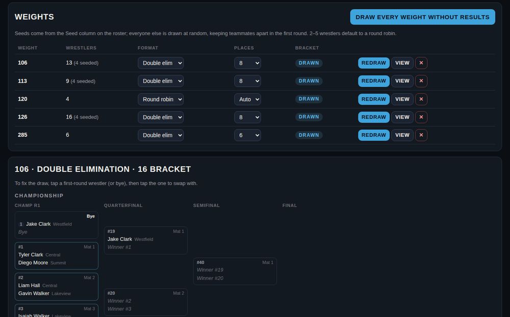 Brackets tab with weights and draw buttons