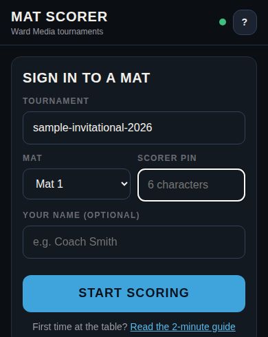 Mat scorer sign in screen